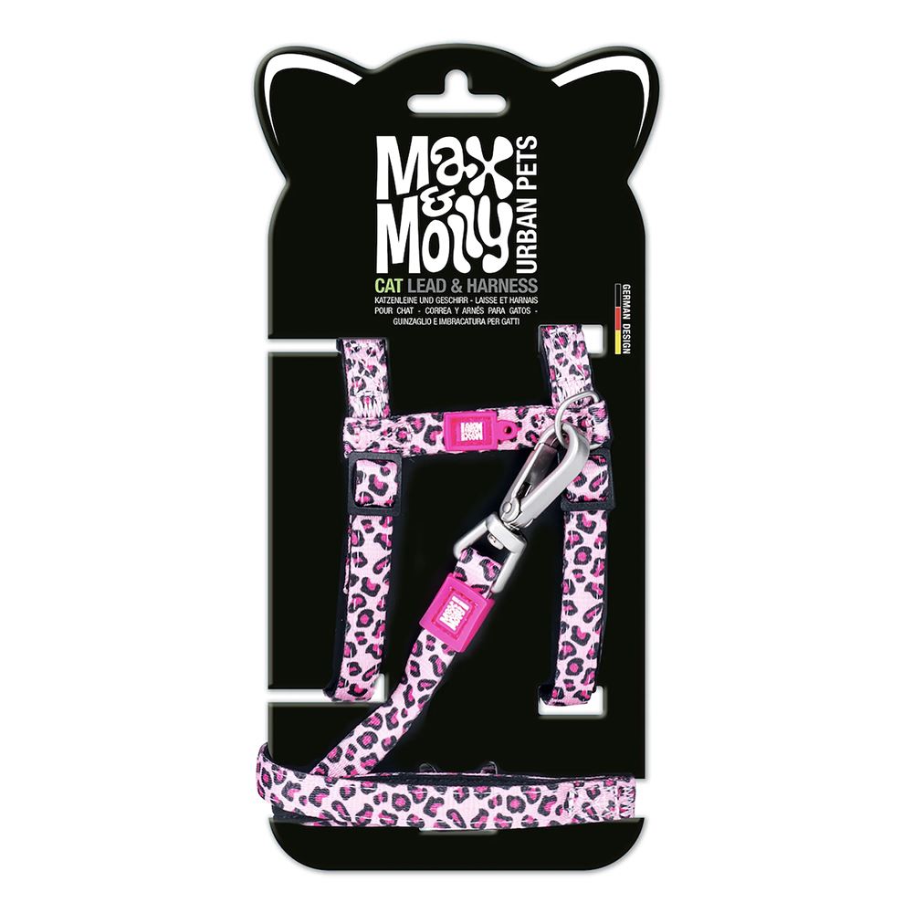 MAX & MOLLY - CONJUNTO PEITORAL + TRELA "LEOPARD PINK" PARA GATO